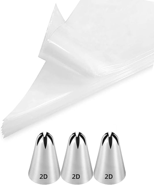 2D Piping Tip and Bags Set,2D Closed Star Tip 3 pcs with 20 Disposable Pastry Bags for Cake Decorating,23 Pcs