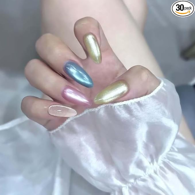 30Pcs Press on Nails Short Almond ZWENJIE Cat Eye Fake Nails Press ons Nail Tips Stick on Nails Glitter Tip Acrylic Nails Kit French False Nails with Rhinestone Design Nail Art for Women Manicure