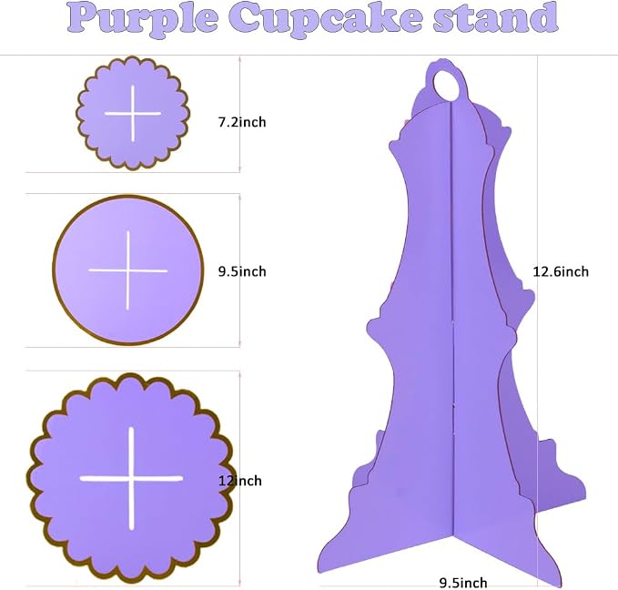 MRPAPA 3-Pack 3-Tier Purple Cupcake Stands | Disposable Cardboard Dessert Trays for Parties, Weddings