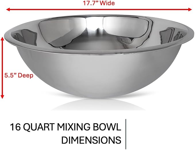WHYSKO® Large Mixing Bowls, Set of 3 Stainless Steel 16 Quart Bowls for Restaurants, Food Service, Caterers and Home Kitchen Use, Rust Proof Bowls Great for Meal Prep, Baking, Serving, Food Storage