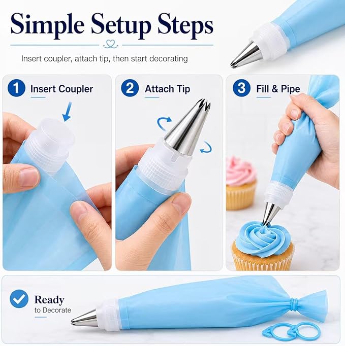 34 PCS Cake Decorating Supplies Kit, Reusable Piping Bags and Tips Set with 24 Stainless Steel Icing Tips, 3 Cake Scrapers, 2 Couplers, Ties and Cleaning Brush for Baking