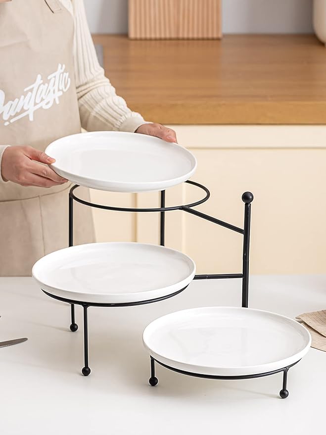 Kanwone 3 Tiered Serving Stand with White Porcelain Plates, 10" Round Tray, Dessert Table Display Set, Black Metal Stand, Versatile & Durable