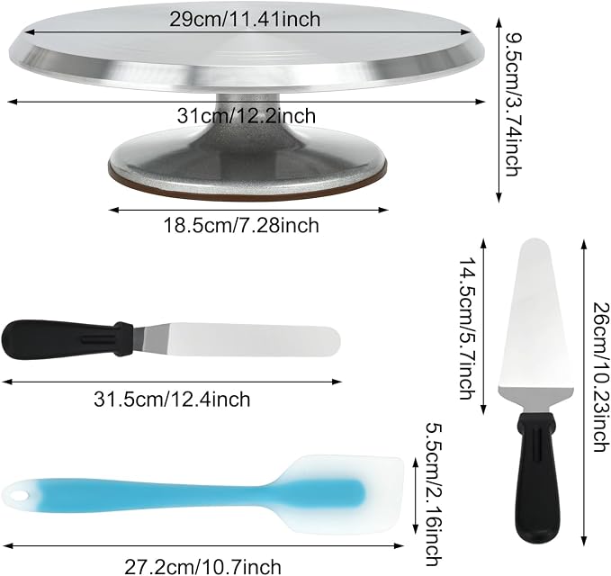 12 Inch Rotating Cake Stand, Aluminium Revolving Cake Turntable Cake Decorating Kit Supplies with Cake Icing Spatula, Cake Slicer, Silicone Spatula, Scraper s (7pcs)