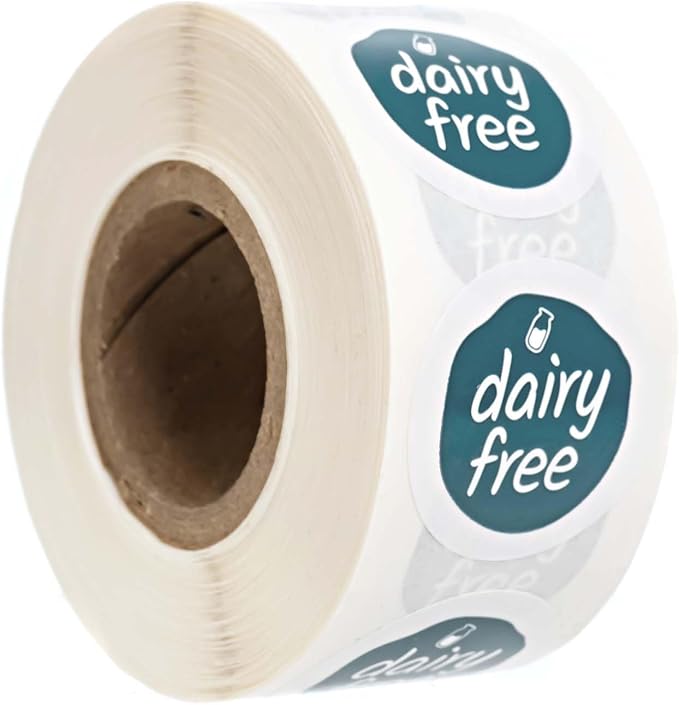Blue Dairy Free Stickers / 500 Small 1" White Gloss Circle Labels/Chic Teal Lactose Free Food Safety Seals with Modern Aesthetic/Made in The USA