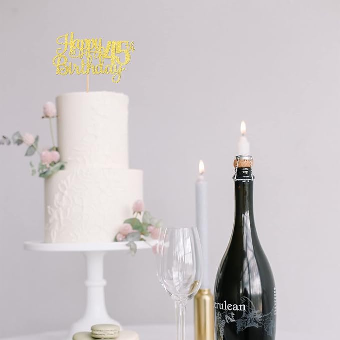 1 PCS Happy 45th Birthday Cake Topper Gold Glitter Cheers to 45 Years Birthday Cake Pick 45 Fabulous Cake Decoration for Happy 45th Birthday Theme Party Decorations Supplies