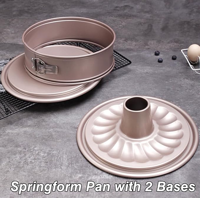 10 Inch Springform Pan with 2 Bases Non-Stick Spring Form and Cheesecake Baking Mold Heavy Duty Carbon Steel Pound Cakes Tube Mould for Oven - Champagne Gold