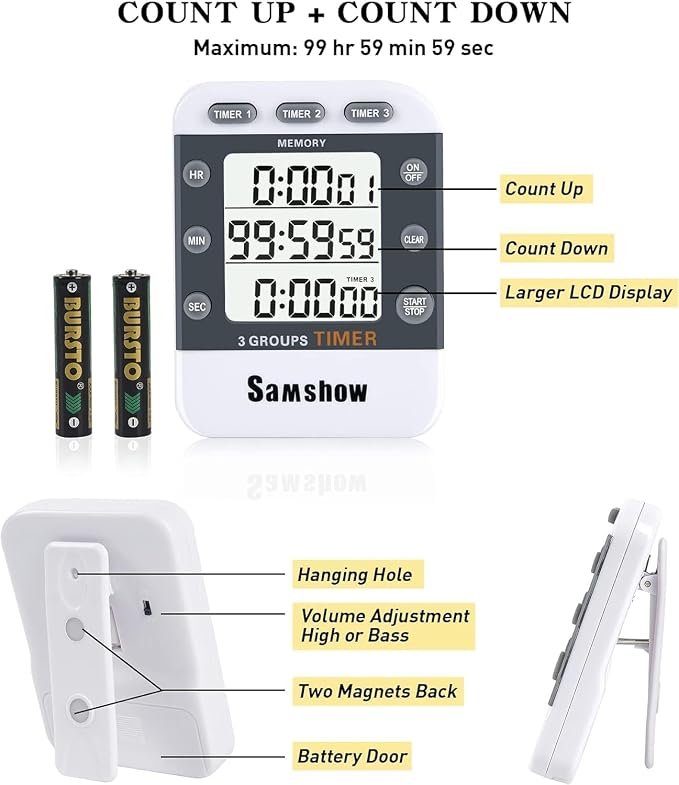 (2 Pack) Digital Kitchen Timers for Cooking Triple Timer Count UP/Down Dual Timer Large LCD Display, Adjustable Volume Loud Alarm, Magnetic Stopwatch, Battery Included White
