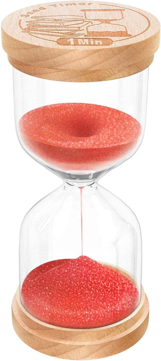 1 Minute Sand Timer, Wooden Hourglass Sand Clock, Small Beech Wood Red Hour Glass, One Minutes Sandglass for Brushing Teeth, Reloj De Arena, Classroom, Game, Kitchen, Home, Office
