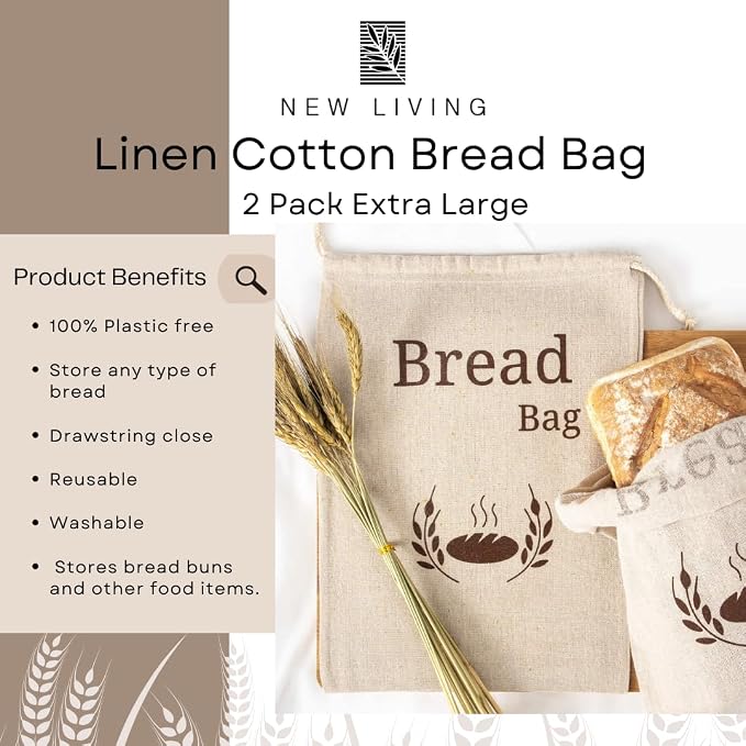 New Living Organic Linen Cotton Bread Bags 2 Pack | Extra Large 44x35 cm | Reusable Bread Storage Bags