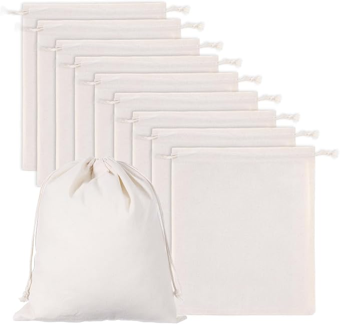 10 Pcs Reusable Produce Bags, 12"x10" Natural Linen Bread Bag Muslin Bags with Drawstring, X-Large Washable Fabric Multipurpose Canvas Cloth Gift Bag for Kitchen Food Storage, Shoe Grocery Organizer