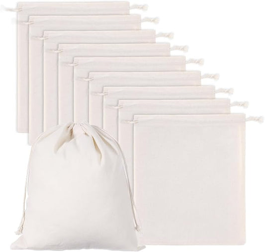 10 Pcs Reusable Produce Bags, 12"x10" Natural Linen Bread Bag Muslin Bags with Drawstring, X-Large Washable Fabric Multipurpose Canvas Cloth Gift Bag for Kitchen Food Storage, Shoe Grocery Organizer