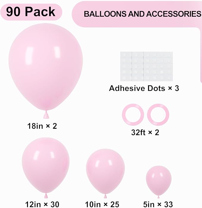 Voircoloria 90pack Light Pink Balloons Different Size 18/12/10/5 Inch Pastel Pink Balloon Garland Arch Kit for Boys Girls Birthday Party, Baby Shower, Wedding, Gender Reveal, Baby Shower Decorations