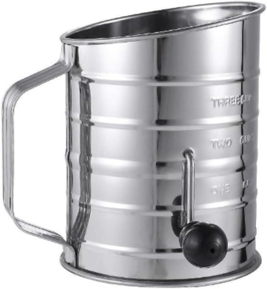 3 Cup Powdered Sugar Large Stainless Steel Rotary Hand Crank Flour Sifter With 4 Wire Agitator Baking Tools.