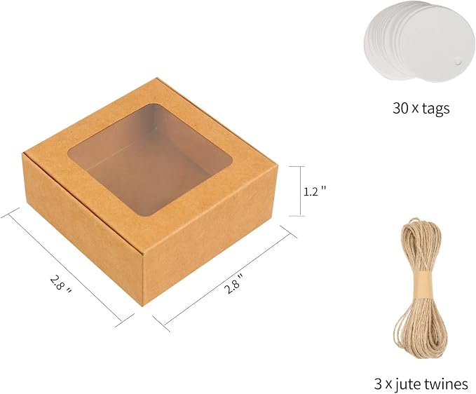 COTOPHER Soap Box, 30Pcs Small Soap Packaging Boxes 2.8x2.8x1.2 Inch Mini Kraft Boxes with Window Soap Boxes for Homemade Soap Candy Chocolate Bakery Cookies Soap Packaging