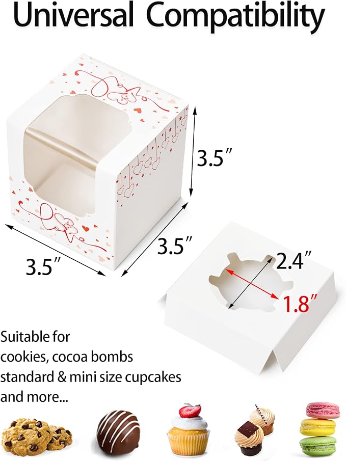 Cupcake Boxes Individual White and Red with Heart and Insert, Pre-assembled Individual Cupcake Containers with Clear Window 50 Pack for Wedding Favors