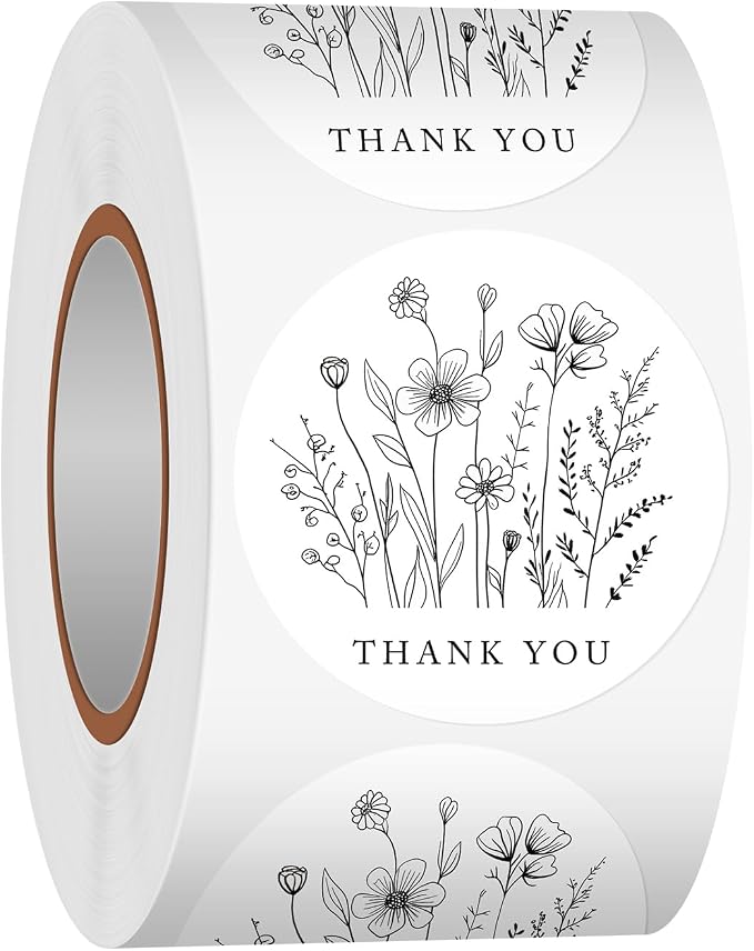 Heyfibro 500 PCS 1.5 Inch Thank You Stickers for Small Business, Baking, Gifts, Envelopes, Weddings(Line Flowers 1)
