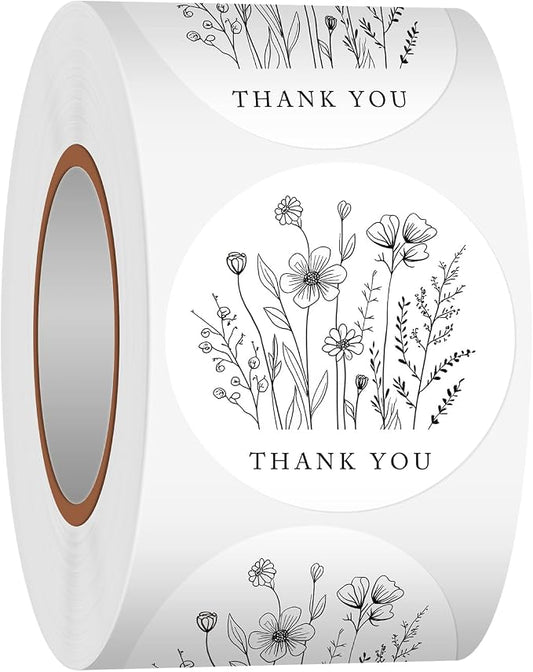 Heyfibro 500 PCS 1.5 Inch Thank You Stickers for Small Business, Baking, Gifts, Envelopes, Weddings(Line Flowers 1)