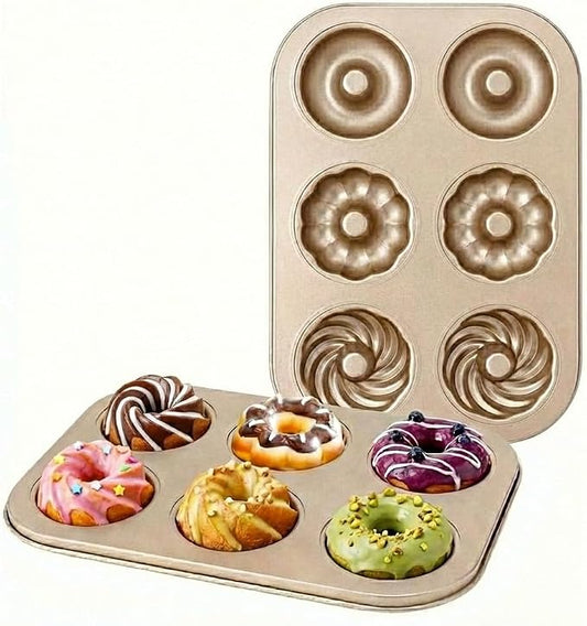 6-Cavity Donut Pan for Baking, Non-Stick Carbon Steel Doughnut Molds with 3 Unique Shapes (Petal, Swirl & Classic), Heavy-Duty Bagel & Mini Bundt Tray, Champagne Gold