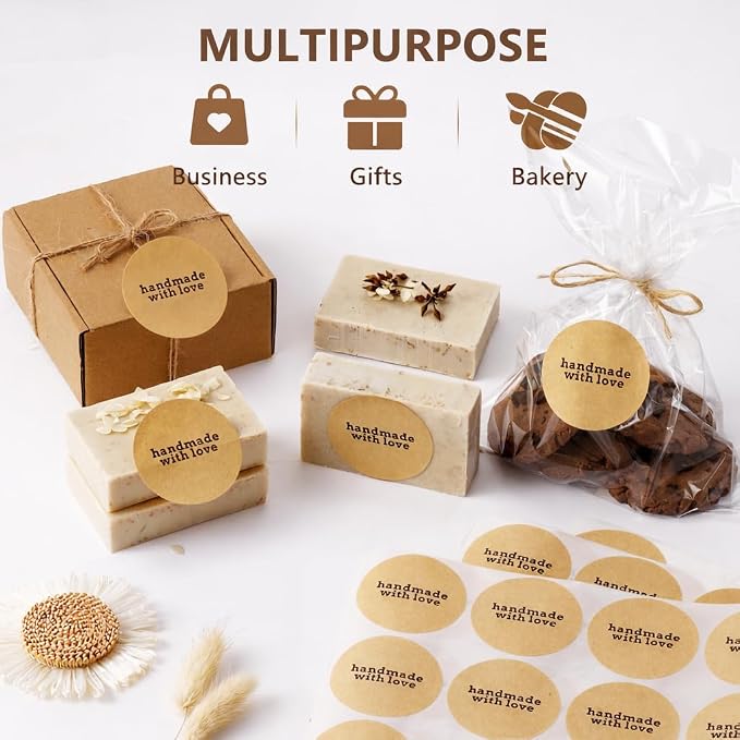 Handmade with Love Stickers, 2 Inch Round Kraft Paper Packaging Seals, 100 Count, Strong Adhesive Labels for Small Business, Gifts, Envelopes and Bakery Packaging