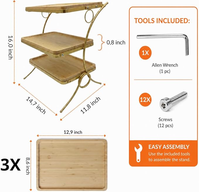 Wooden 3 Tier Serving Stand- Bamboo & Gold Tiered Dessert Tray for Party, Cupcakes, Cake Display, Wedding Reception, Food Serving Platter