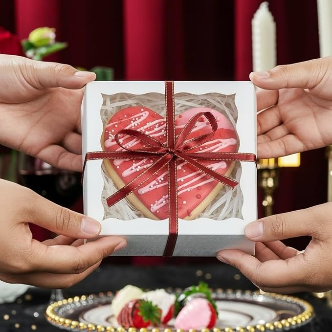 NEKSUNBAK 50PCS 5 x 5 x 1.2 inch White Cookie Gift Boxes, Bakery Boxes with Display Window, Treat Boxes for Macaron, Donuts, Any Holidays & Party Favors