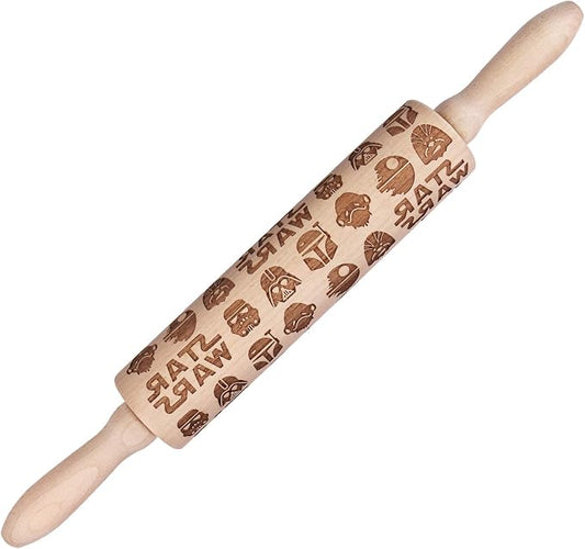 Embossed Wooden Rolling Pins,Evermarket Engraved Embossing Rolling Pin with Star Fighter Pattern for Baking Embossed Cookies,Cute Rolling Pin Kitchen Tool for Adults