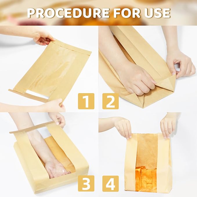 100PCS Sourdough Bread Bags for Homemade Bread Tin Tie Tab Lock Paper Large Bakery Bags with Window for Baked Food Packaging Storage Gift Giving Includes 100PCS Label Seal Stickers 13.7x8.3x3.5in