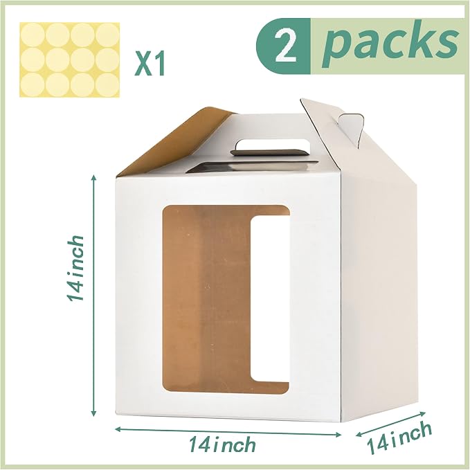 14x14x14 Inch Tall Cake Boxes for Tier Cakes,2pack Large Tiered Cake Boxes, 12in 14in Wedding Cake Carrier,Disposable Layer tall Baking Carrier with Handle