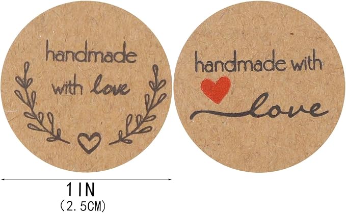 1000PCS Handmade with Love Stickers, Round Baking Kraft Sticker Stickers Self-Adhesive Label Home-Made Sticky Labels for Baking Gift Bags Birthday Christmas