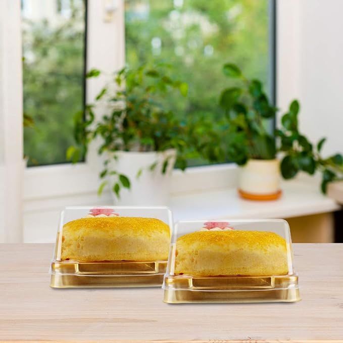 DOITOOL 100Pack Plastic Single Individual Cupcake Muffin Dome Holders, Moon Cake Box Stand, Mooncake Packaging Box with Covers, Cookies Muffins Dome Box Transparent Dessert Boxes- Golden ( 5. 7x5.
