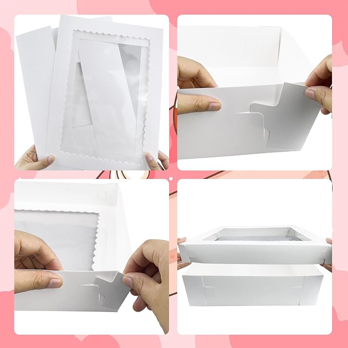 MUMULULU 4 PCS 19x14x5 Inch Cake Boxes with Cake Board White Sheet Rectangular Bakery Boxes with Window for Cookies Dessert Cupcakes Pastry Baking Pie Packaging