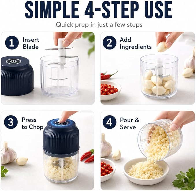 Household Electric Garlic Crusher, Mini Electric Food Chopper with 6 Blades, 350ml Cordless Garlic Mincer with Lid, One-Touch Food Processor for Onion, Ginger, Chili, Herbs, Nuts (White)