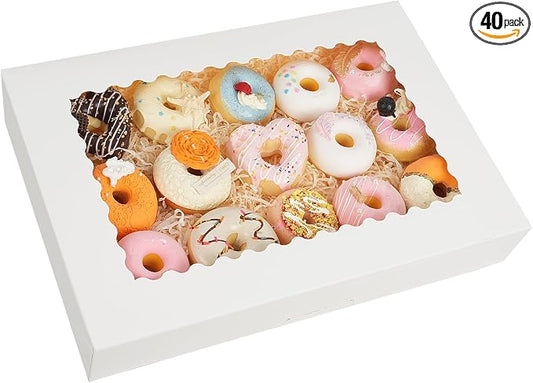 Moretoes 40pcs Large Bakery Boxes, 16x11x2.5 Inches Auto-Popup Cookie Boxes with Window for Donuts, Treats, Pastries, Pies, Muffins, Chocolate Covered Strawberries