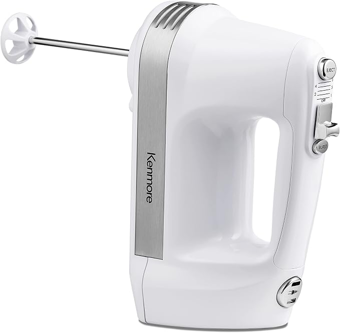 Kenmore 5-Speed Hand Mixer/Blender, 250 Watts, with Beaters, Dough Hooks, Liquid Blending Rod, Automatic Cord Retract, Burst Control, and Clip-On Accessory Storage