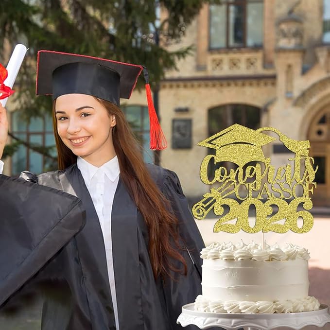 Congrats Class Of 2026 Cake Topper, Glitter Graduation Party Supplies - High School College Graduates -College Graduate Cake Topper Decorations Supplies (gold)