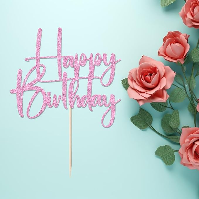 pink Happy Birthday Cake Topper, Happy Birthday Cake Bunting Deco, Baby Gender Reveal Party/Anniversary Party Decoration Supplies (1)