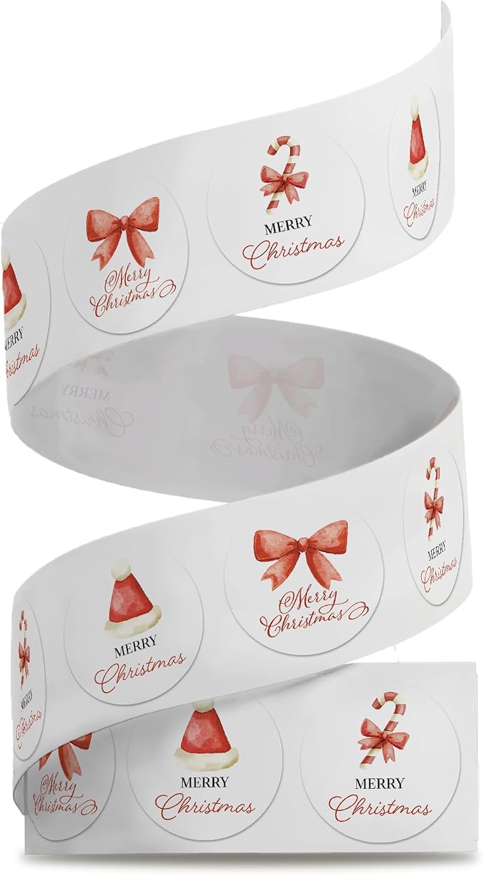1.5 Inch Round 500 Count Red Christmas Bows Perforated Roll Stickers - Thank You Labels for Favors - Packing Thank You Stickers for Small Business Store Owners