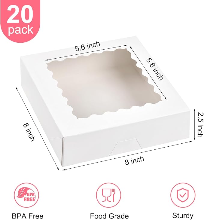 Kucoele Pie Boxes, 8 x 8 x 2.5 Inches, 20 PCS, White | Auto-Popup, with Window, Bakery Boxes, Cookie Boxes, Treat Boxes, For Chocolate Strawberries, Pastries, Muffins, Donuts