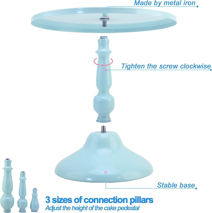 Set of 3 Blue Cake Stands, Metal Round Cake Holder Dessert Pie Pizza Display Stand 8" 10" 12" Serving Tray Decoration for Wedding Celebration Party Birthday Baby Shower