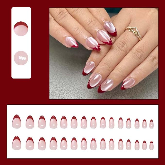 30Pcs French Press on Nails Short Almond ZWENJIE Cat Eye Fake Nails Press ons Nail Tips Stick on Nails Acrylic Nails Kit False Nails with Gradient Pink Tip Design Nail Art for Women Glitter Manicure