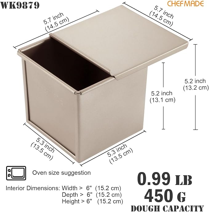 CHEFMADE Square Pullman Loaf Pan with Lid, 1Lb Dough Capacity Non-Stick Rectangle Flat Toast Box for Oven Baking 5.3" x 5.3"x 5.2"(Champagne Gold)