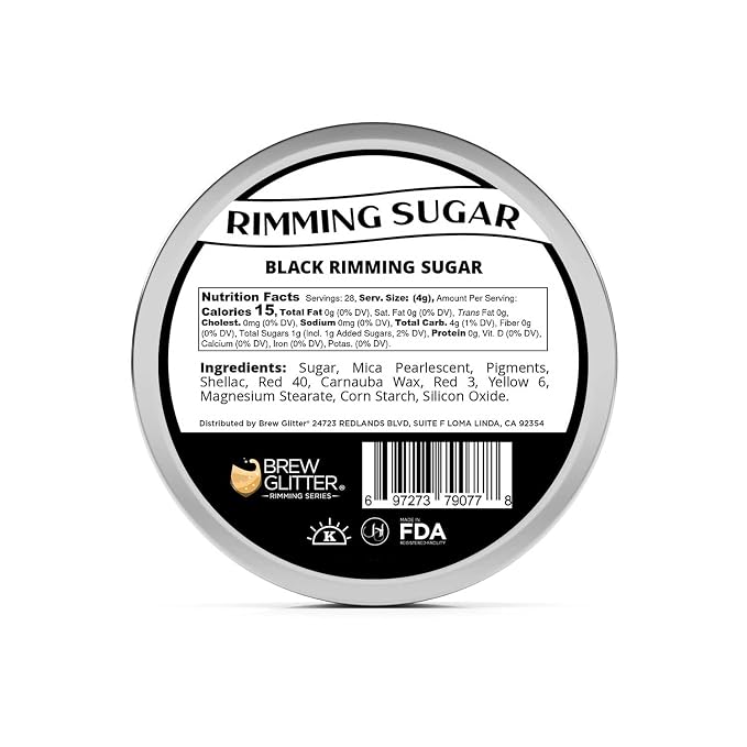 Brew Glitter - Black Rimming Sugar (4oz, 1x Bar Tin) Cocktail Garnish for Mixed Drinks & Refreshments