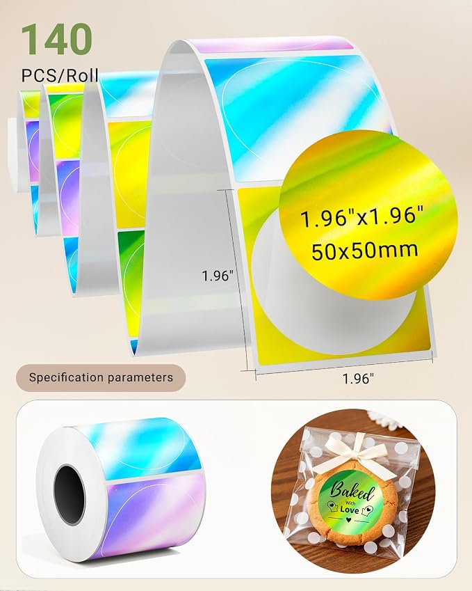 Phomemo 2 Inch Circle Thermal Labels,Holographic Thermal Stickers for M110/M100/M220/M108/M221 Label Makers, Self-Adhesive Thermal Paper for Logo, Candle, Baking,Canning, Small Business, 140pcs/Roll