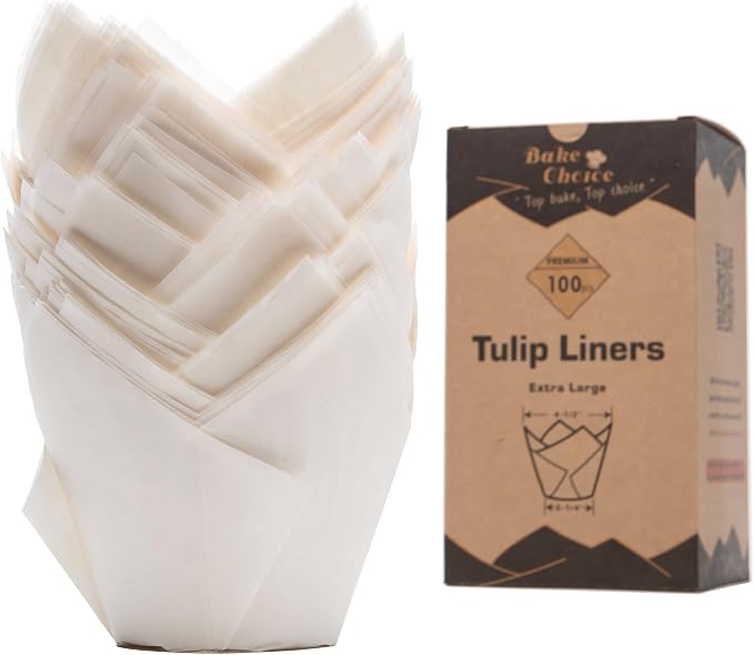 Bake Choice Nordic Paper 100pcs Extra Large Size White Tulip Cupcake Liners for Baking Cups EU Parchment paper Tulip Muffin Liners, Jumbo Cupcake Wrapper for Party, Christmas