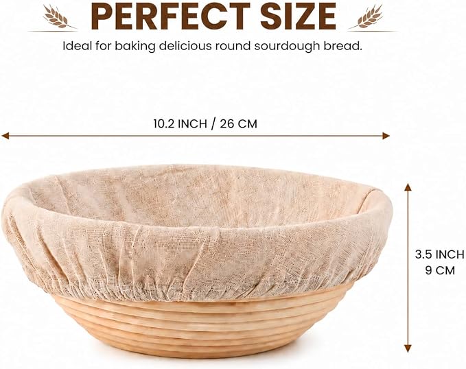 10.2 Inch Round Bread Proofing Basket with Liner, Banneton Dough Proofing Bowl for Sourdough and Artisan Bread Baking