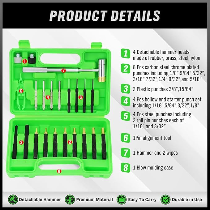 SWANLAKE 22PC Punch Set and Hammer with Brass, Hollow, Steel, Plastic Punches, Brass Punch for Maintenance