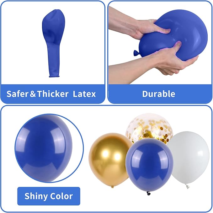 112pcs Royal Blue Gold White Balloon Arch Garland Kit, Navy Blue and Gold Balloon Arch Kit With Confetti Metallic Chrome Balloons, White Latex Matte Balloons for Graduations Birthday Party Decorations