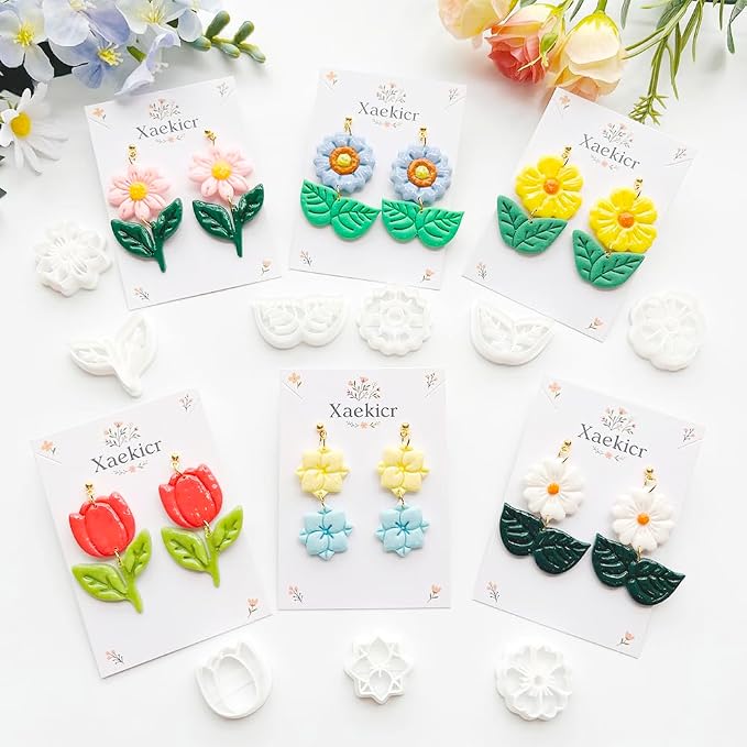 Flower & Leaf Polymer Clay Cutters Set - Daisy, Tulip, Cherry Blossom, Sunflower & Leaf Shapes for DIY Earring Jewelry Making, Soft Clay Crafts, Scrapbooking & Gift Toppers