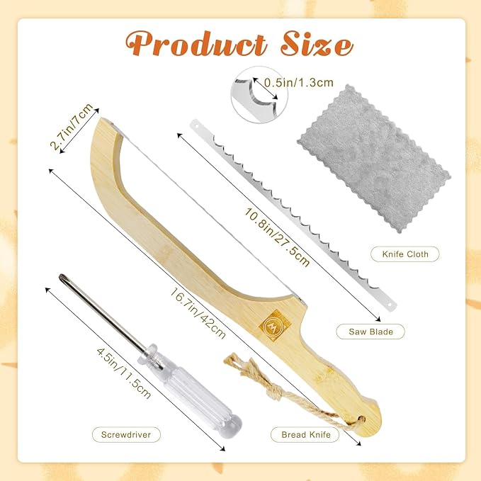 Bamboo Bread Knife, 16.5" Serrated, Sourdough & Homemade Bread Slicer, Fiddle Bow Design