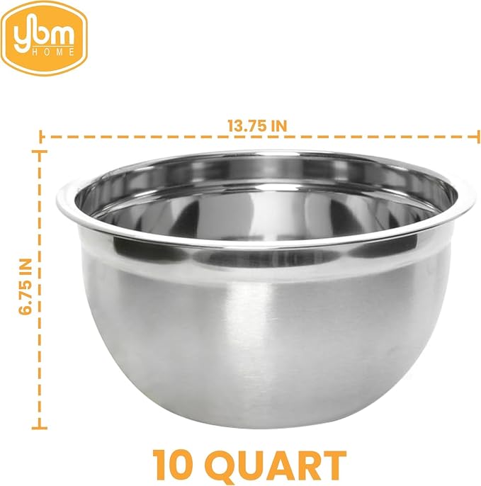 YBM HOME Heavy Duty Professional Stainless Steel Mixing Bowl – Commercial Grade Deep Prep & Serving Bowl for Baking, Cooking, Dough Mixing & Food Prep, Dishwasher Safe, 10 Quarts